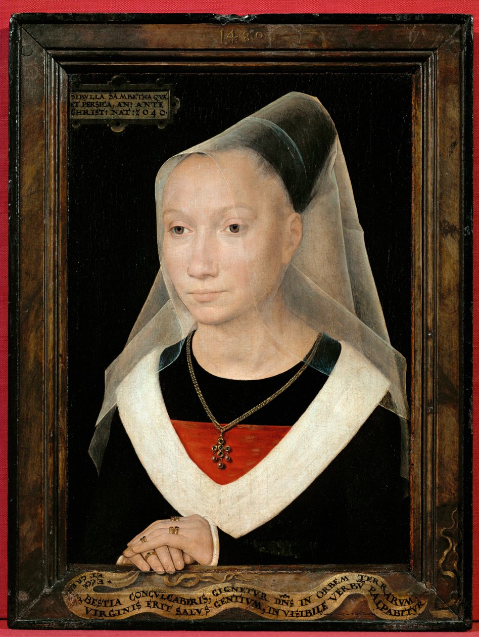 Portret van een jonge vrouw (hijgend) door Hans Memling