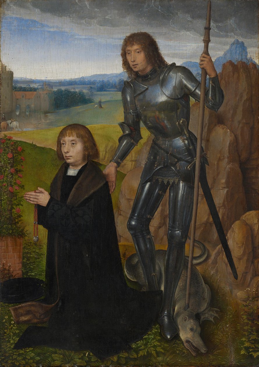 Paneel van een tweeluik: de heilige Georg met de schenker
(Buitenzijde afgesneden; zie inv.nr. 1401) door Hans Memling