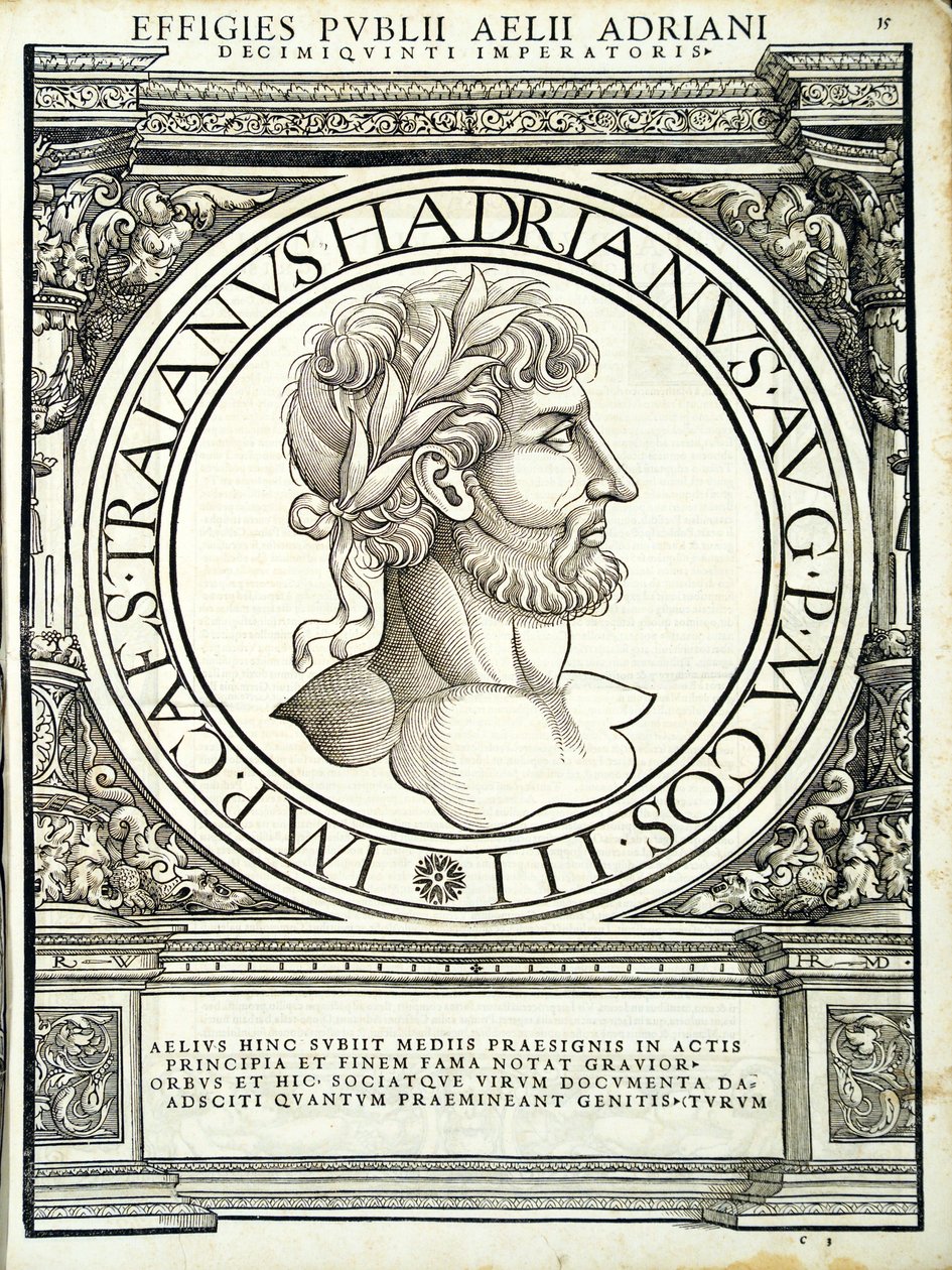 Aelius Hadrianus, illustratie uit Imperatorum romanorum omnium orientalium et occidentalium verissimae imagines ex antiquis numismatis, houtsnede door Rudolph Wyssenbach, gedrukt door Andreas Gesner, Zürich door Hans Rudolf Manuel Deutsch