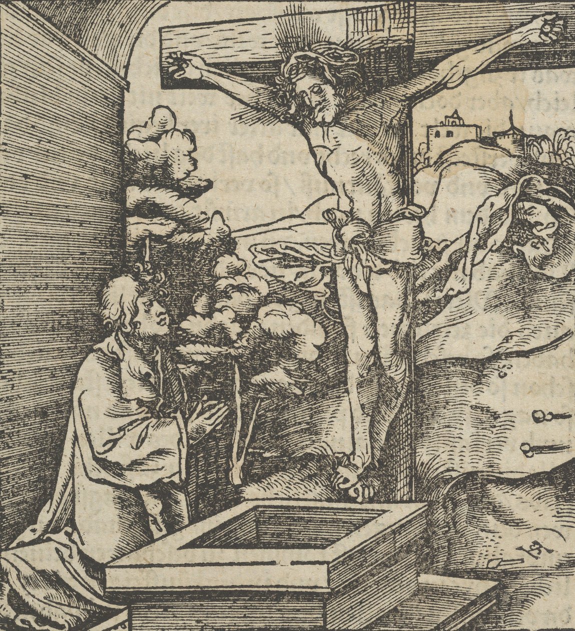 Een man die bidt voor een kruisbeeld, uit Hymmelwagen auff dem, wer wol lebt..., 1517 door Hans Schäufelein the Elder