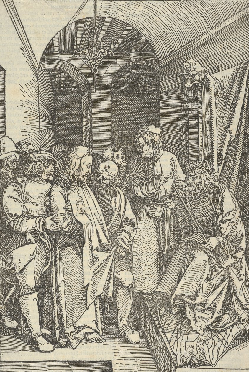 Christus voor Herodes in een zaal, uit Speculum passionis domini nostri Ihesu Christi door Hans Schäufelein the Elder
