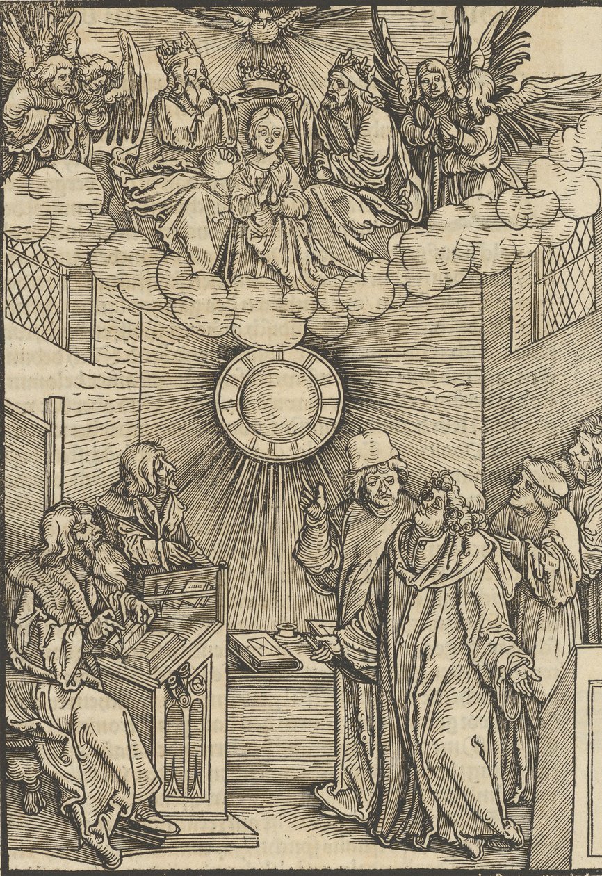 De auteur schrijft de Layenspiegel, De Drie-eenheid en de Maagd in het bovenste midden, 1511 door Hans Schäufelein the Elder