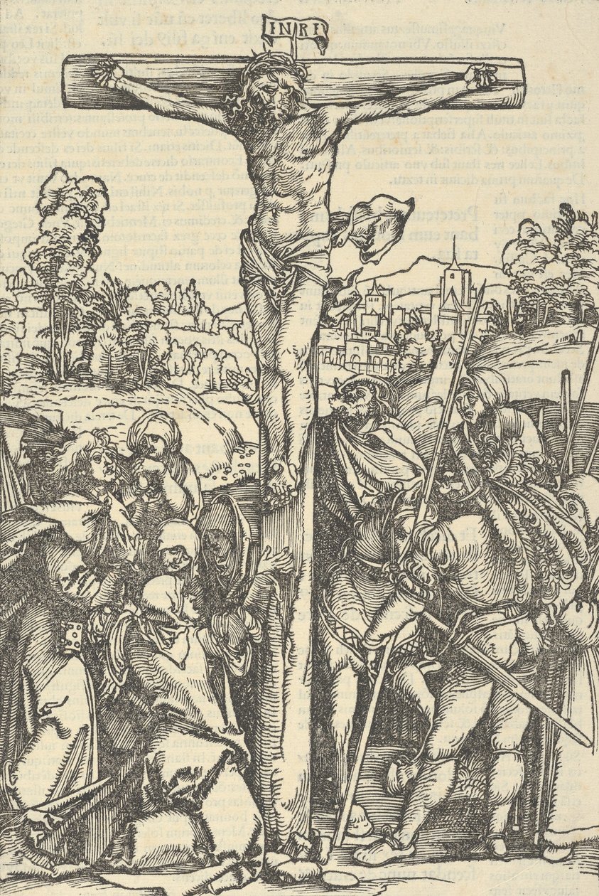 De kruisiging, uit Der beschlossen gart des rosenkranzes marie door Hans Schäufelein the Elder
