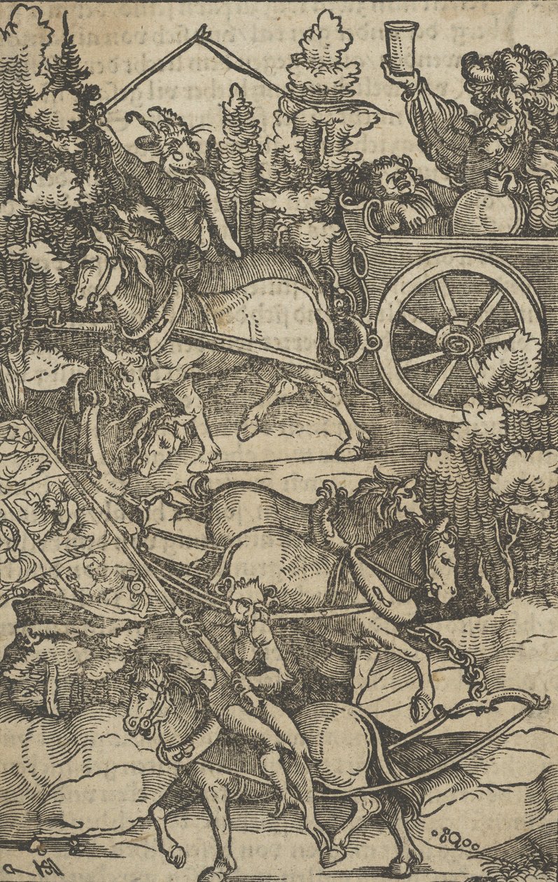 De dronken man op een wagen op weg naar de hel, uit Hymmelwagen auff dem, wer wol leeft, 1517 door Hans Schäufelein the Elder