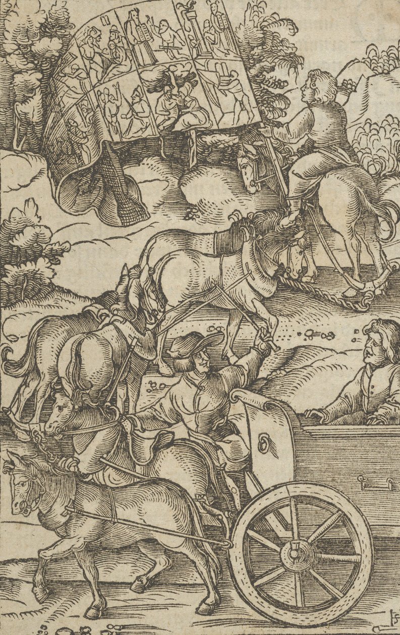 De Deugdzame Man op een Wagen op Weg naar de Hemel, uit Hymmelwagen auff dem, wer wol leb... door Hans Schäufelein the Elder
