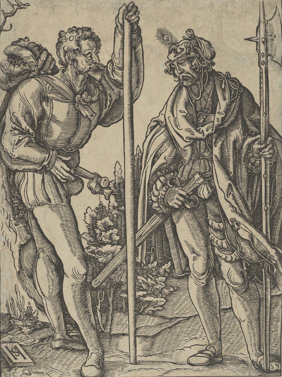 Twee soldaten met lans en hellebaard in gesprek, ca. 1515 door Hans Schäufelein the Elder