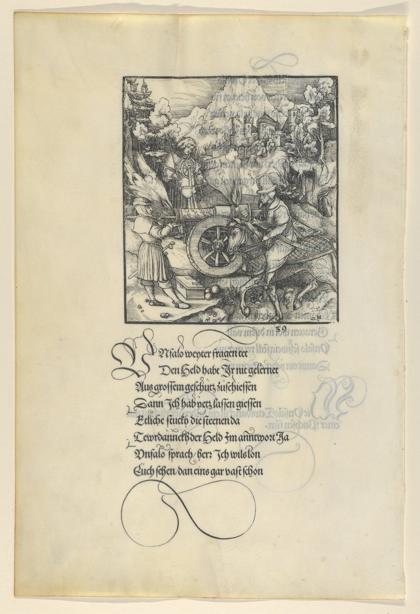 Unfalo brengt Theuerdanck in gevaar tijdens het afvuren van een kanon, uit Theuerdanck, 1517 door Hans Schäufelein the Elder
