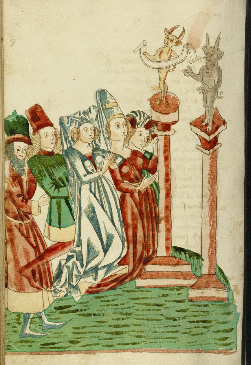Een groep mannen en vrouwen aanbidt twee afgoden, 1469 door Hans Schilling