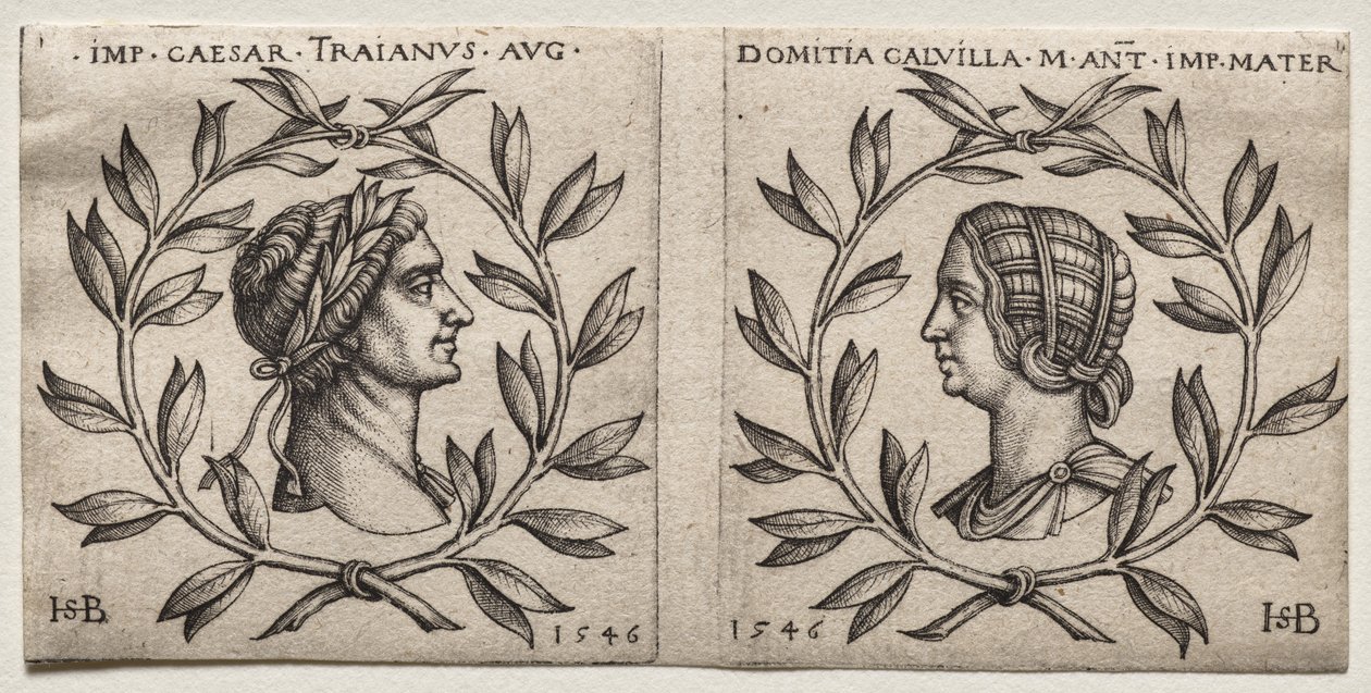 Bustes van keizer Trajanus en Domitia Calvilla door Hans Sebald Beham