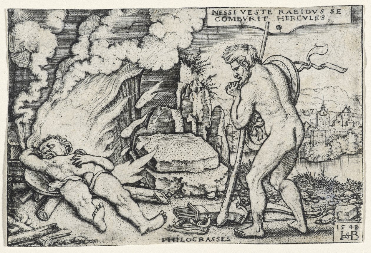 De Dood van Hercules, 1548 (gravure op geschept papier gemonteerd op pulpboard) door Hans Sebald Beham