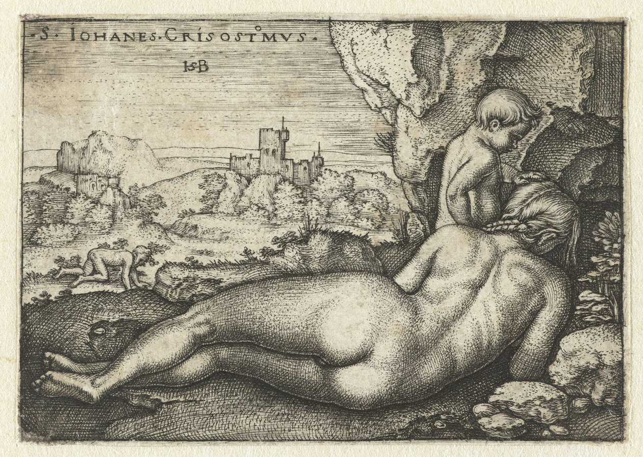 Heilige Johannes Chrysostomus als kluizenaar in de woestijn door Hans Sebald Beham