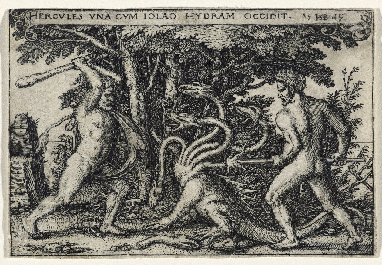 Hercules Doodt de Hydra, 1545 (gravure op geschept papier) door Hans Sebald Beham