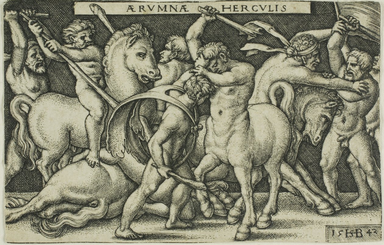 Hercules en de centauren, uit de werken van Hercules door Hans Sebald Beham