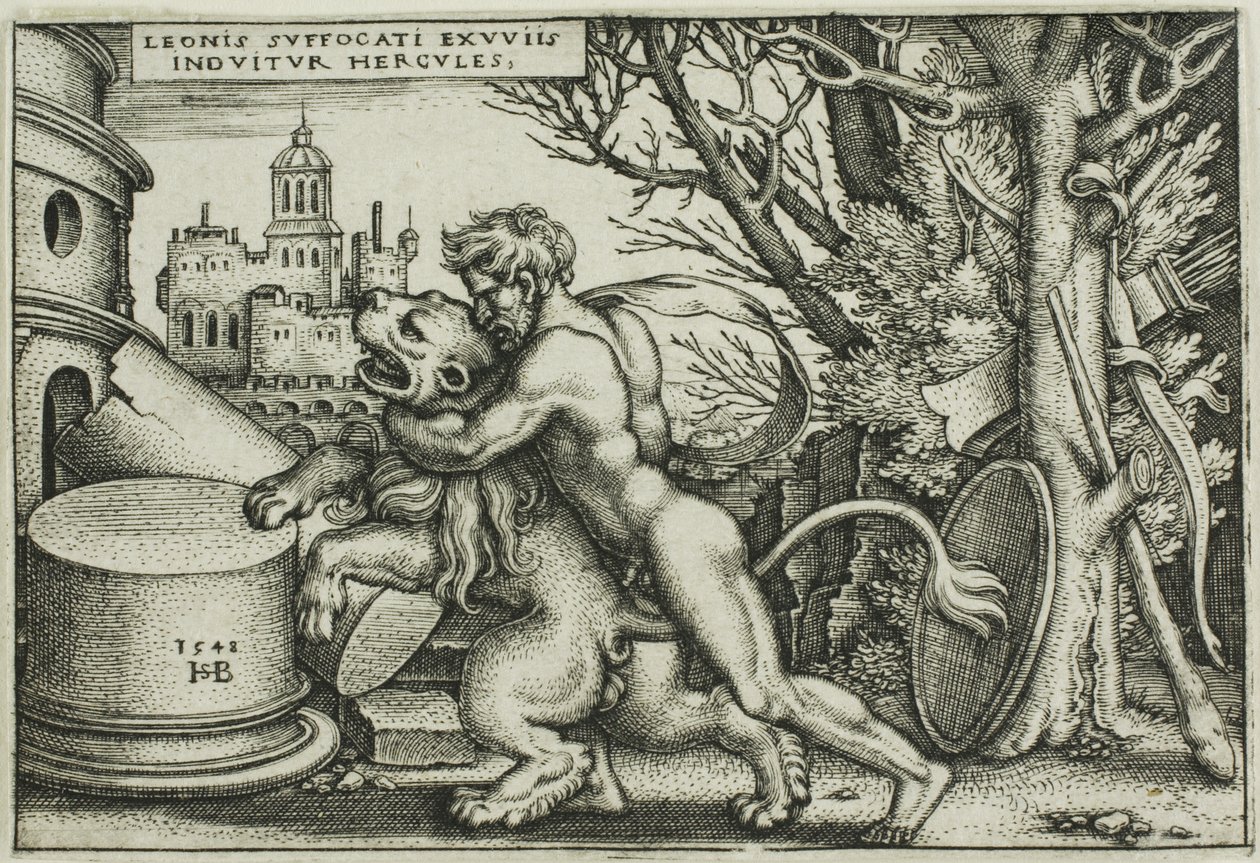 Hercules en de Nemeïsche leeuw, uit De werken van Hercules door Hans Sebald Beham