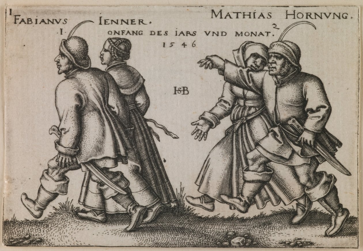 "Januari en februari" uit de serie "Het boerenfeest of de twaalf maanden". door Hans Sebald Beham