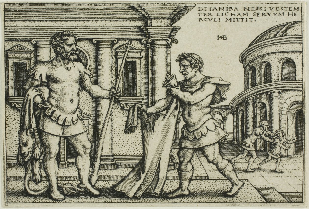 Lichas brengt het kleed van Nessus naar Hercules, uit De werken van Hercules door Hans Sebald Beham