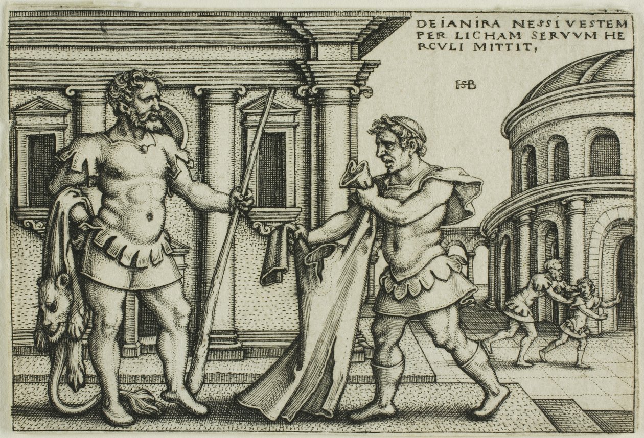 Lichas die het kleed van Nessus naar Hercules brengt, uit De werken van Hercules door Hans Sebald Beham