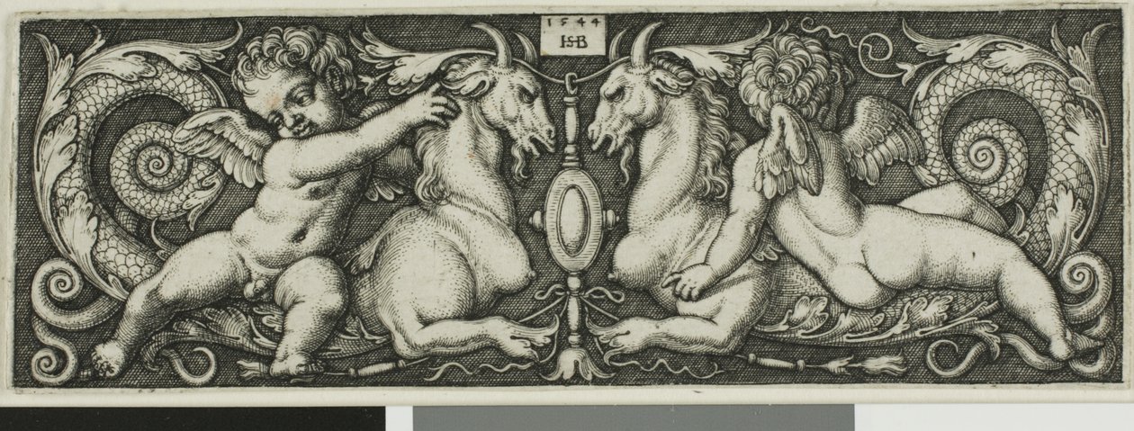Ornament met Twee Genii die Fabeldieren Berijden door Hans Sebald Beham