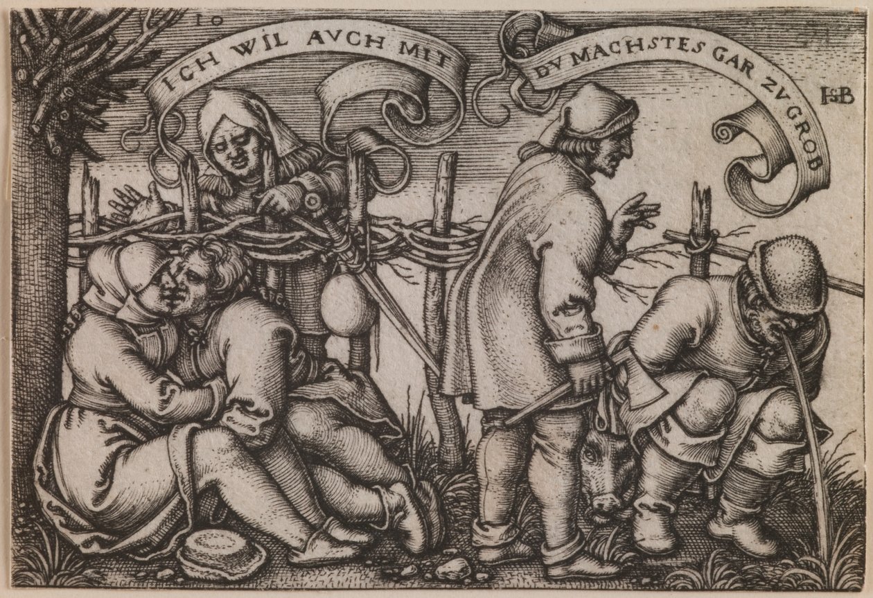 "Boeren achter de heg" uit de serie "Het boerenfeest of de twaalf maanden". door Hans Sebald Beham