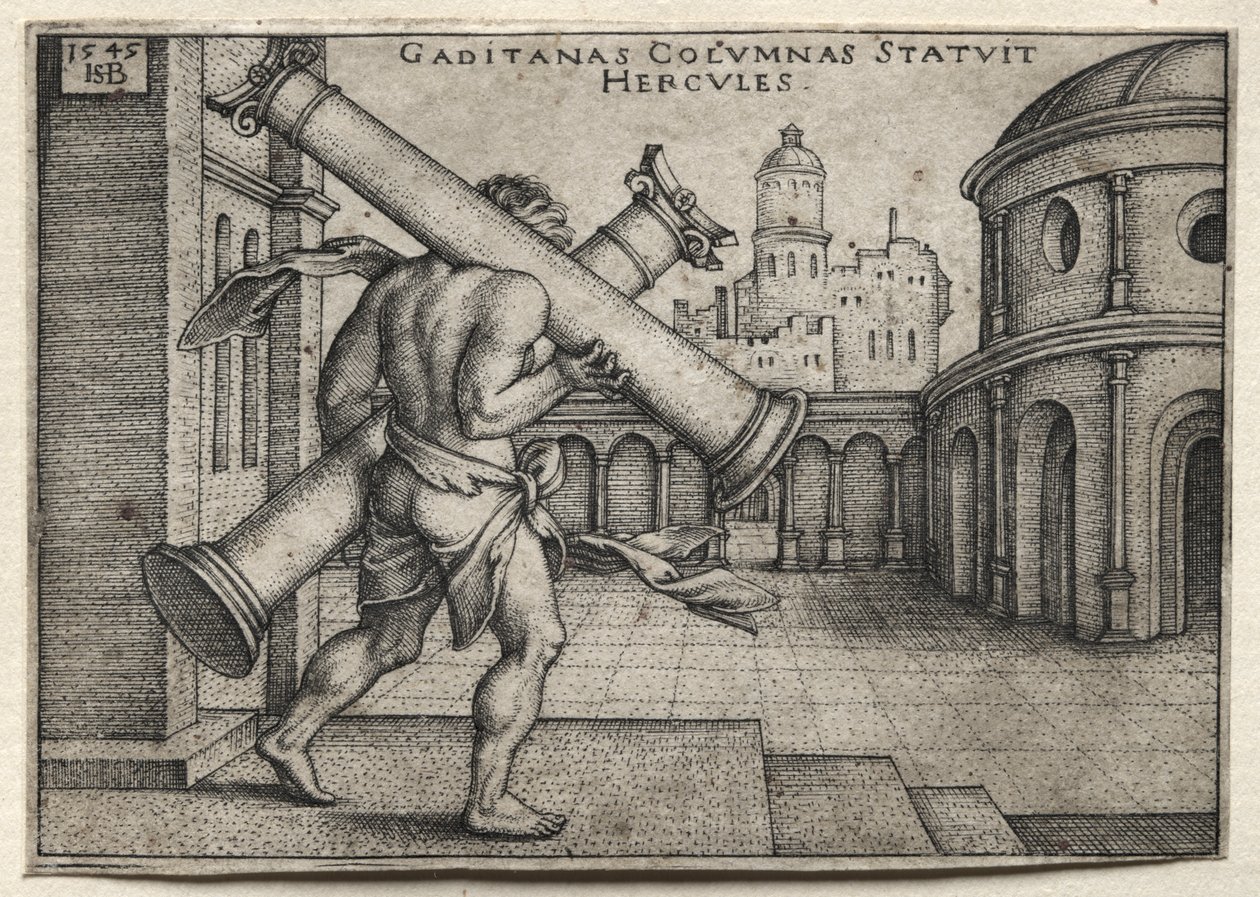 Hercules draagt de zuilen van Gades door Hans Sebald Beham