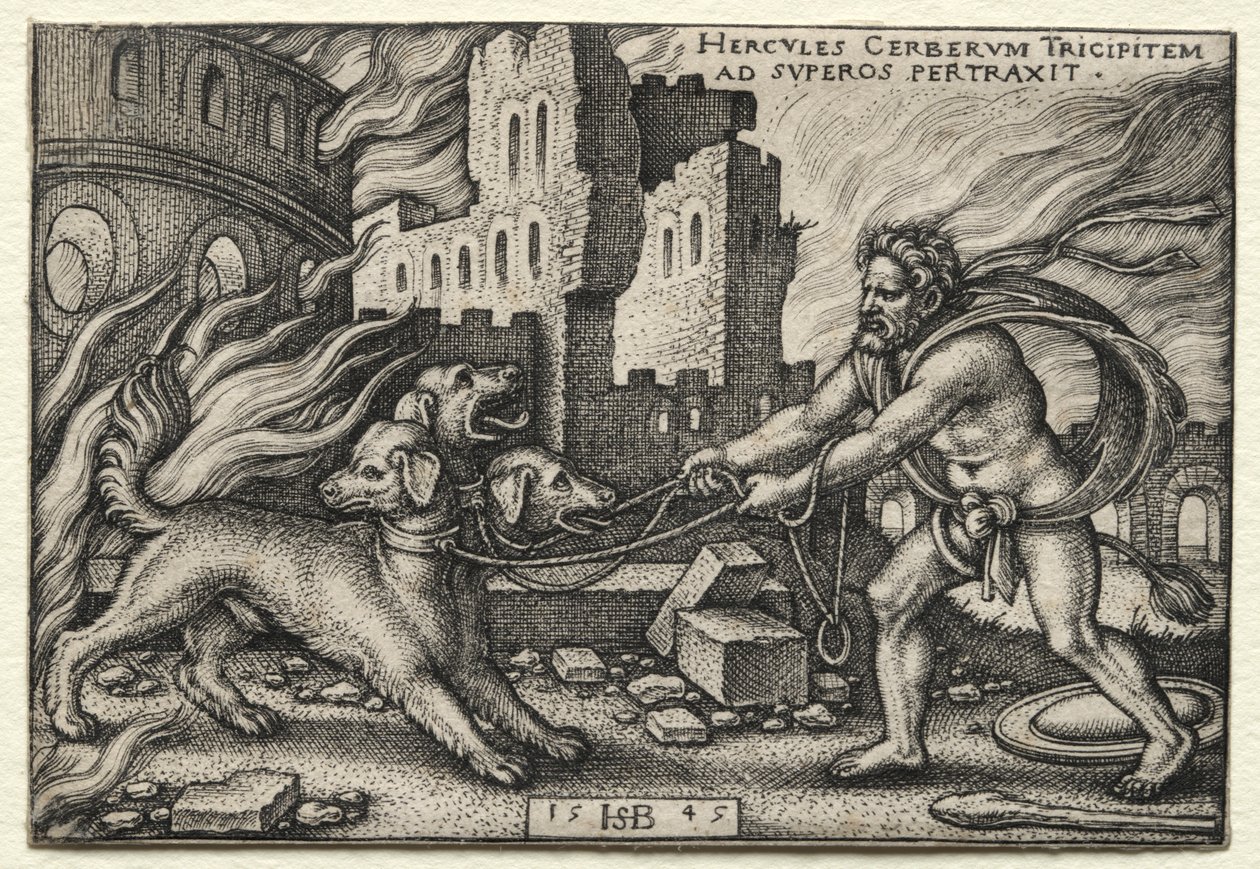 De werken van Hercules: Hercules sleept Cerberus uit de onderwereld, 1545 door Hans Sebald Beham