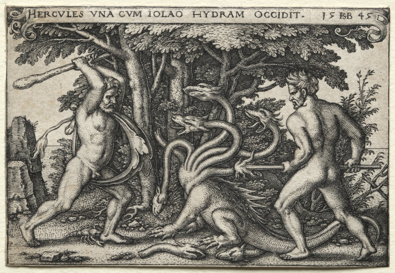 De werken van Hercules: Hercules doodt de Lerneïsche Hydra door Hans Sebald Beham