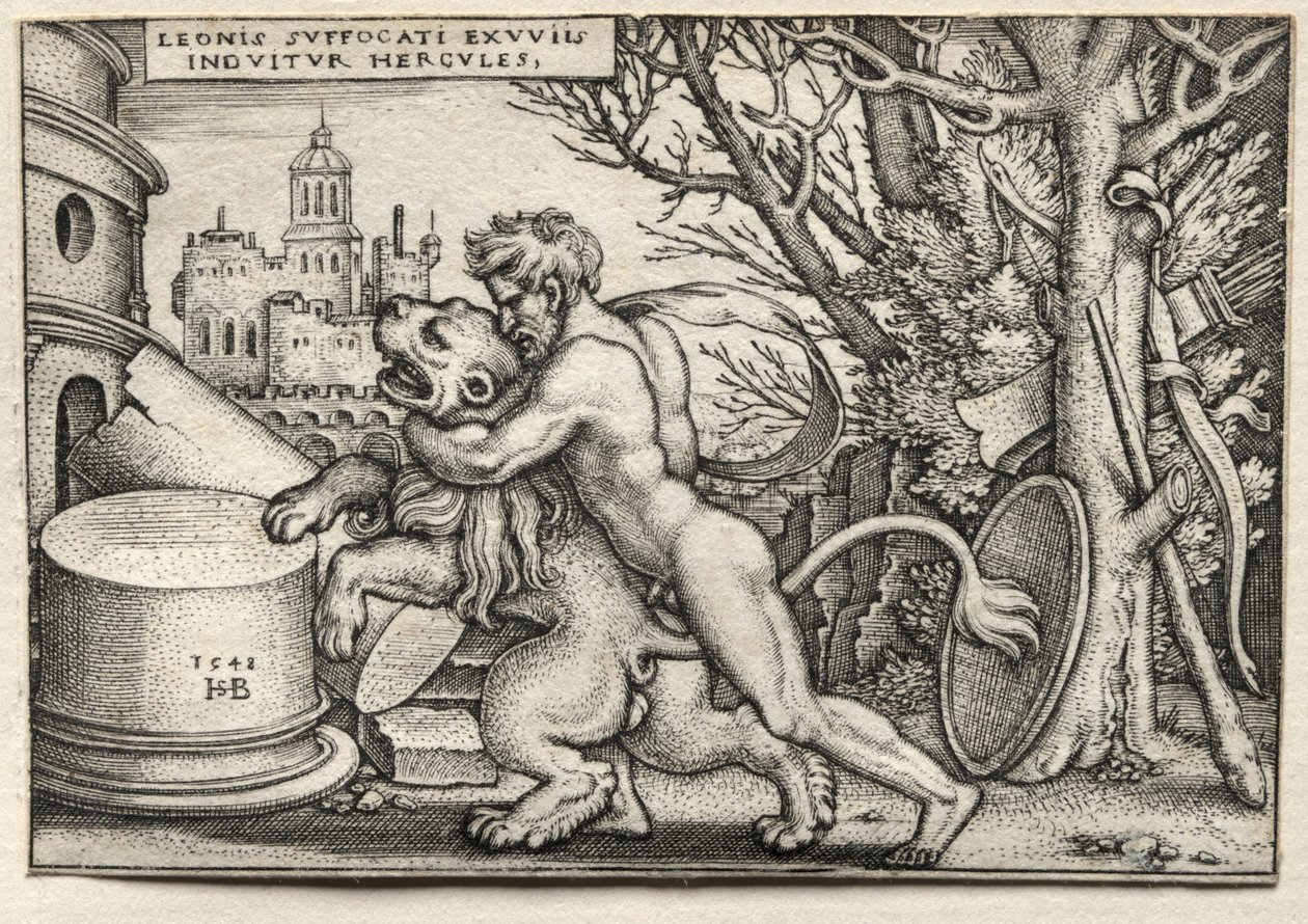 De Werken van Hercules: Hercules Wurgt de Nemeïsche Leeuw, 1548 door Hans Sebald Beham
