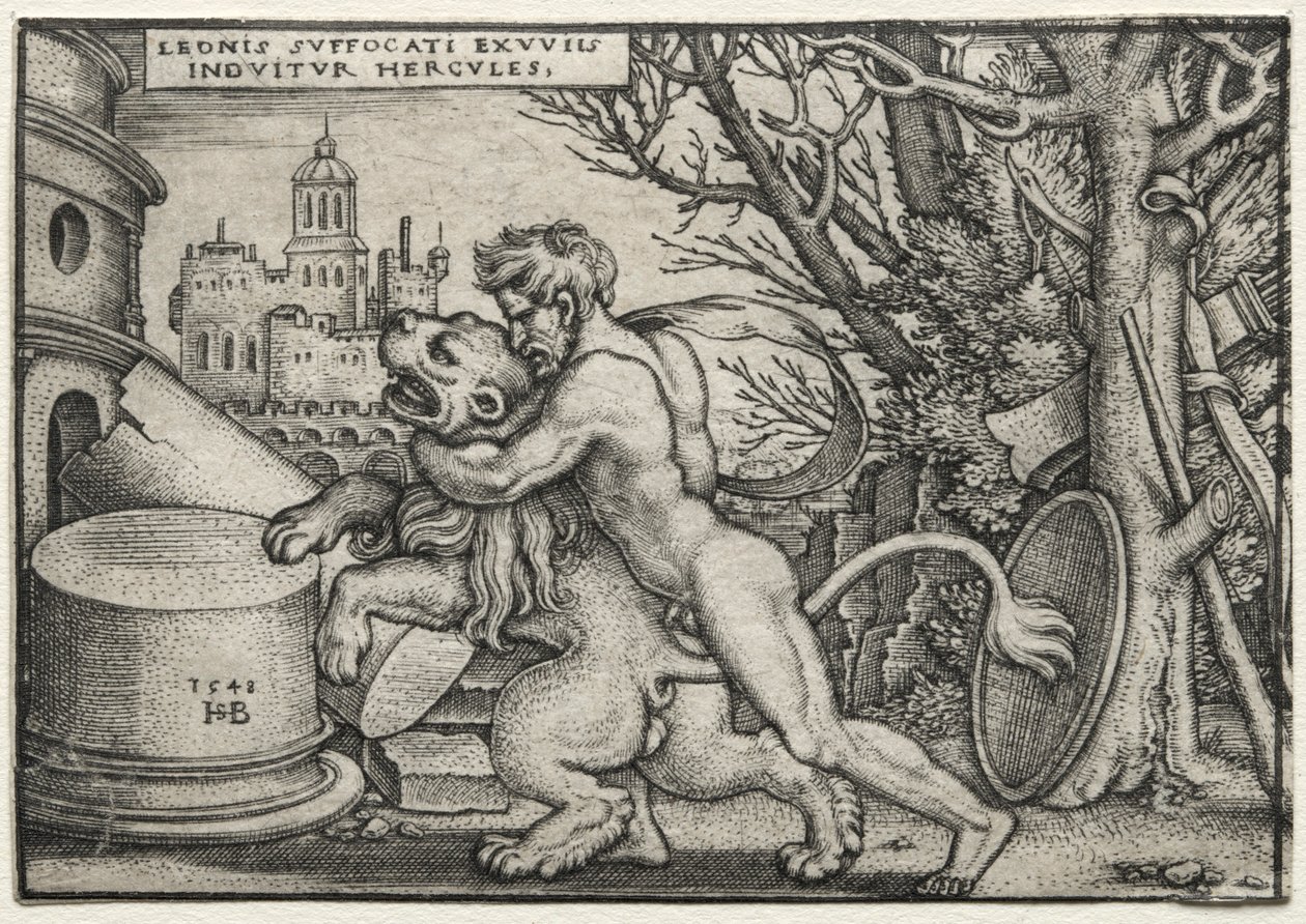 De werken van Hercules: Hercules wurgt de Nemeïsche leeuw, 1548 door Hans Sebald Beham