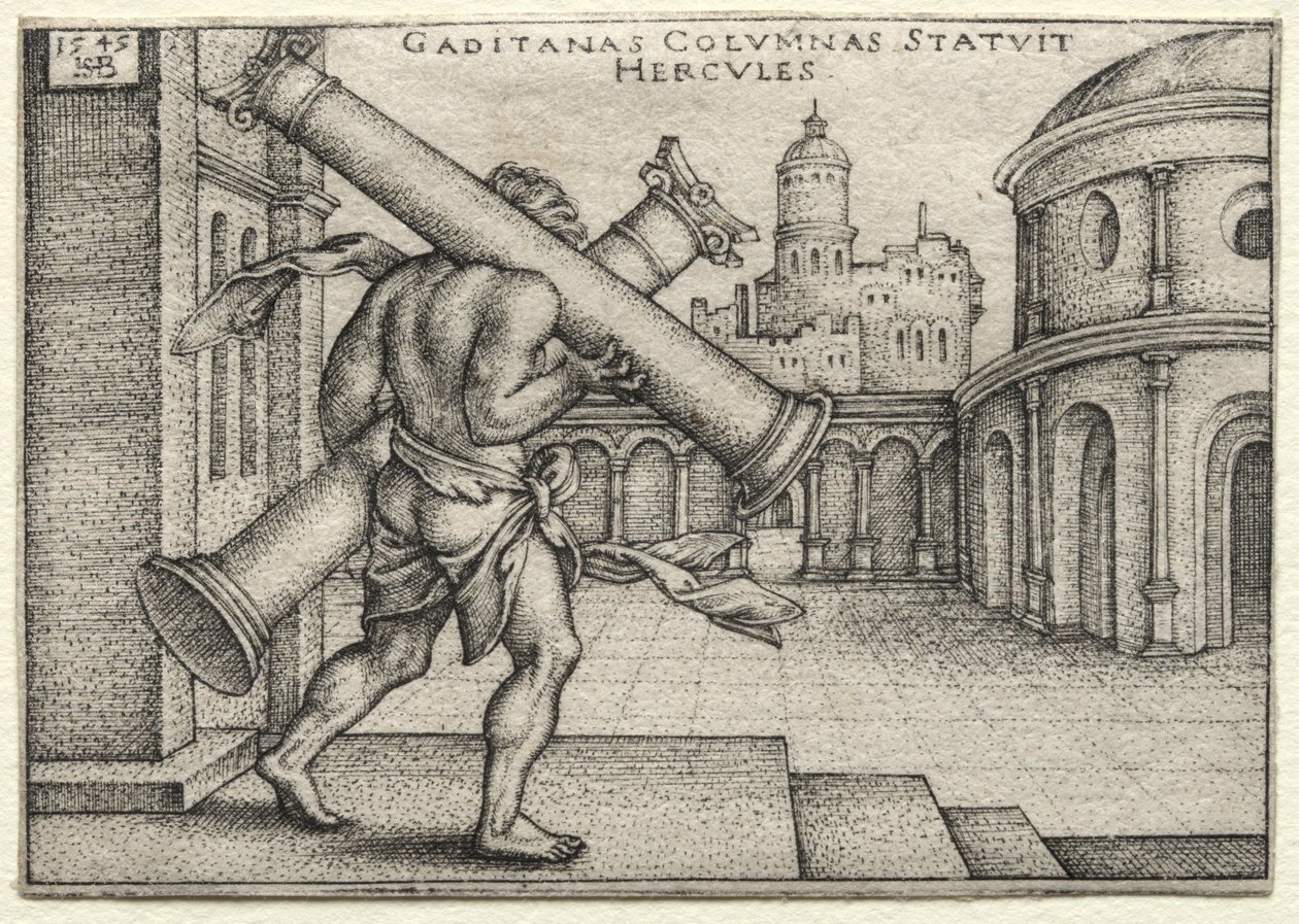 De werken van Hercules: Hercules en de zuilen van Gades door Hans Sebald Beham