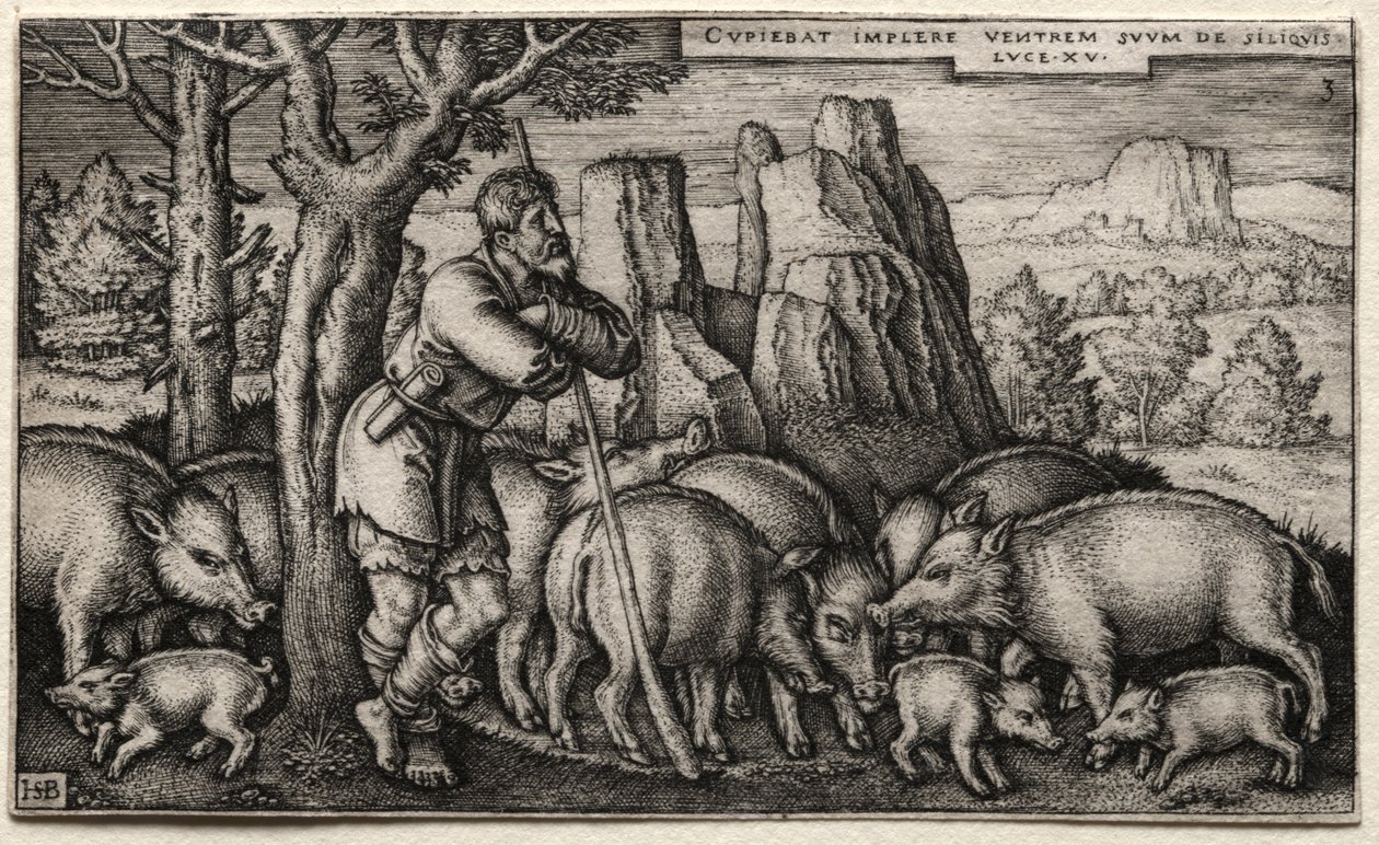 De verloren zoon: Varkens hoeden door Hans Sebald Beham