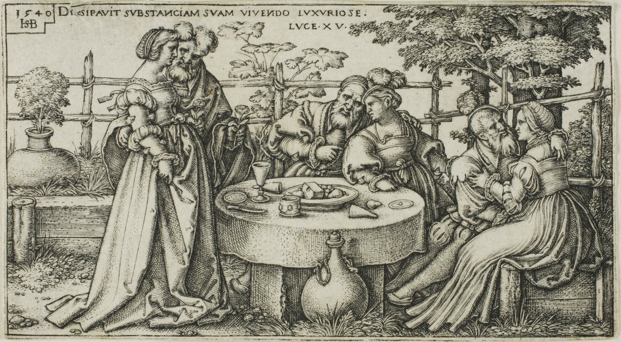 De verloren zoon die zijn fortuin verspilt, plaat twee uit De geschiedenis van de verloren zoon door Hans Sebald Beham