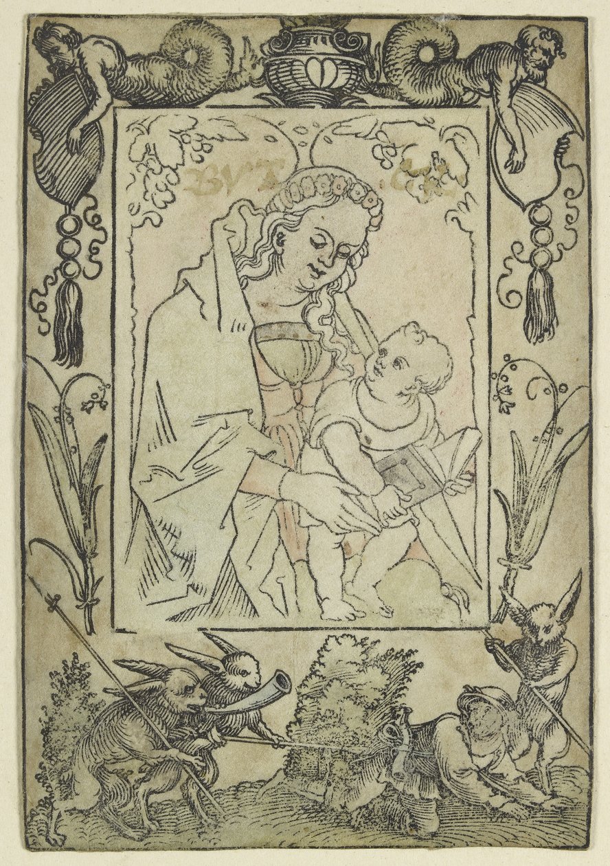 De Maagd en het Kind omringd door een rand met een jager en enkele konijnen (houtsnede, bewerkt in aquarel, gedrukt op perkament) door Hans Sebald Beham