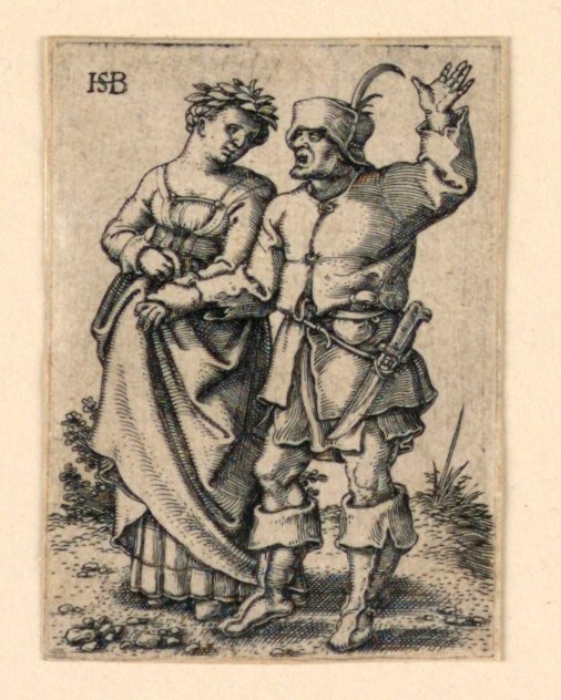 De Huwelijksstoet: Koppel loopt naar links, vrouw draagt een krans door Hans Sebald Beham