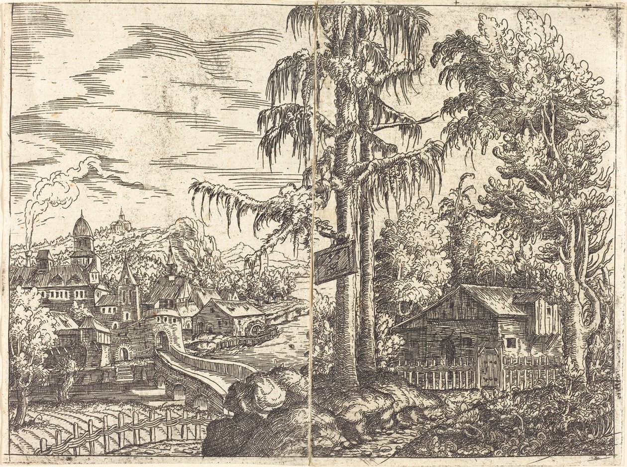 Landschap met Uitzicht op een Boerenhuisje en een Stad nabij een Rivier, 1551 door Hans Sebald Lautensack