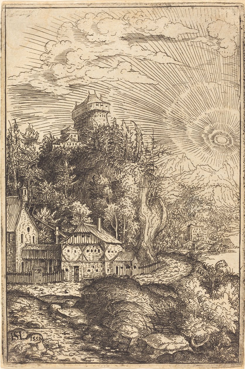 Landschap met een kasteel en stralende zon, 1553 door Hans Sebald Lautensack