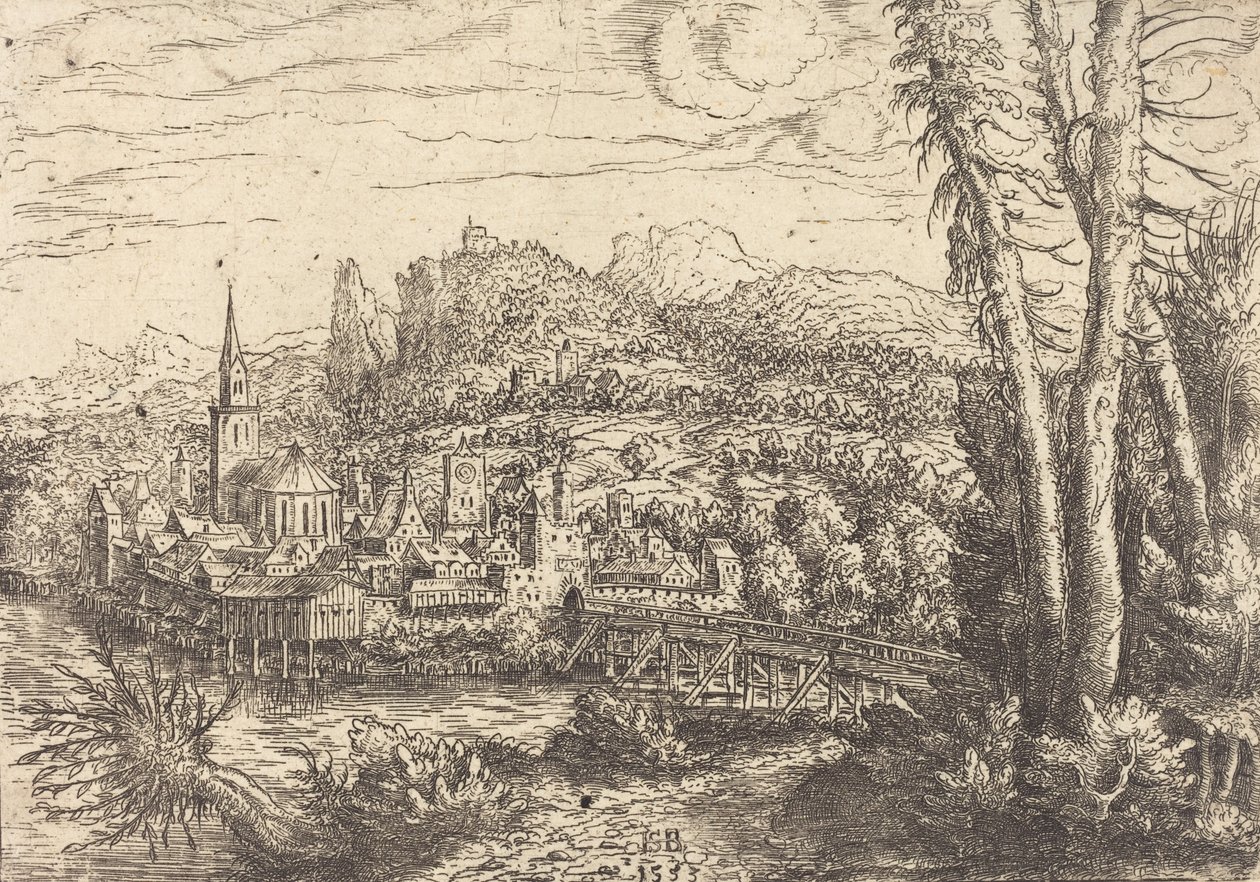 Uitzicht op een Stad nabij een Rivier door Hans Sebald Lautensack