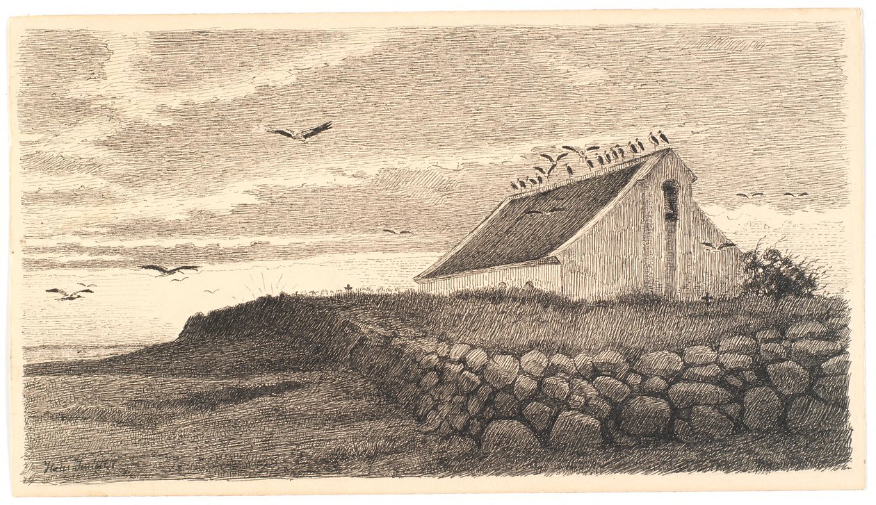Motief uit Karup. Ooievaars verzamelen zich voor de reis. Zonsondergang door Hans Smidth