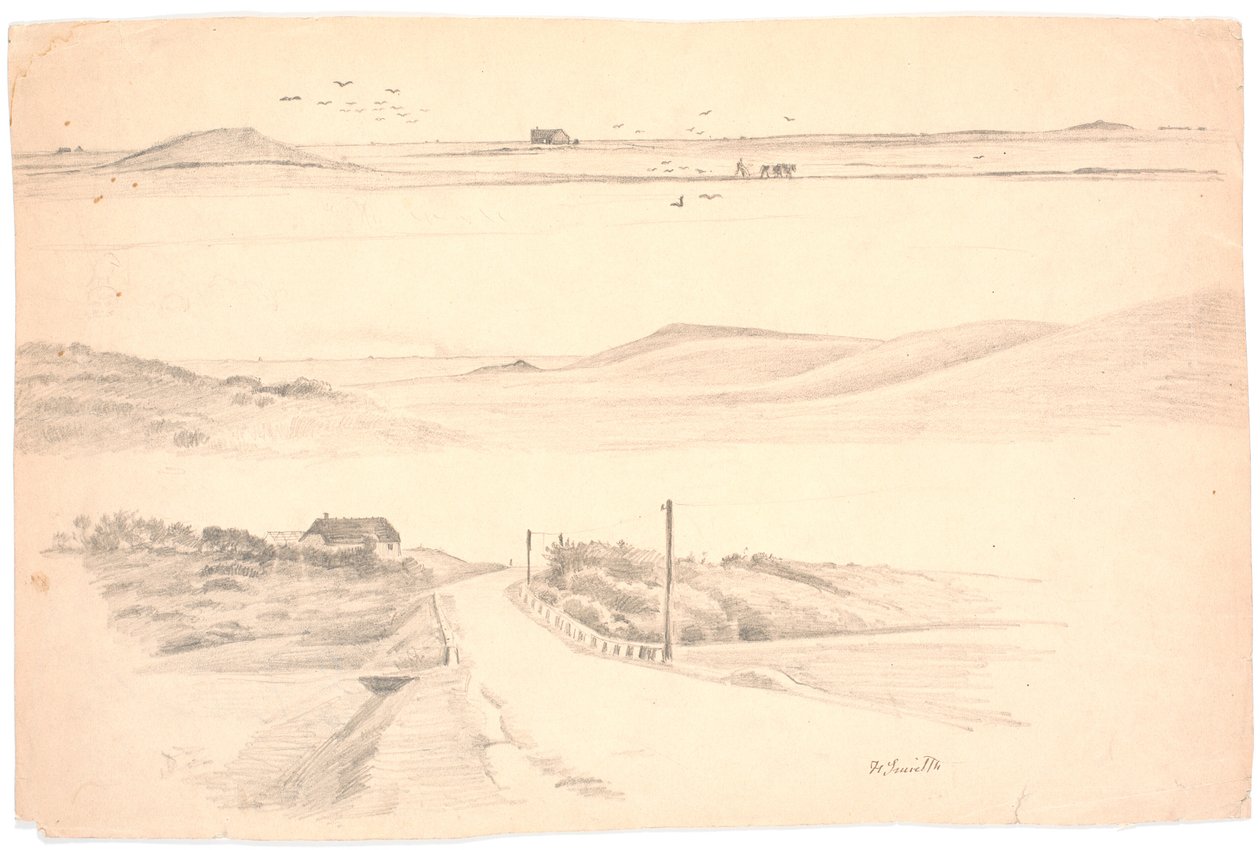 Studieblad met drie landschappen uit Jutland. Boven: landschap met ploegveld; midden: landschap met hoge heuvels; onder: landschap met huis en weg door Hans Smidth