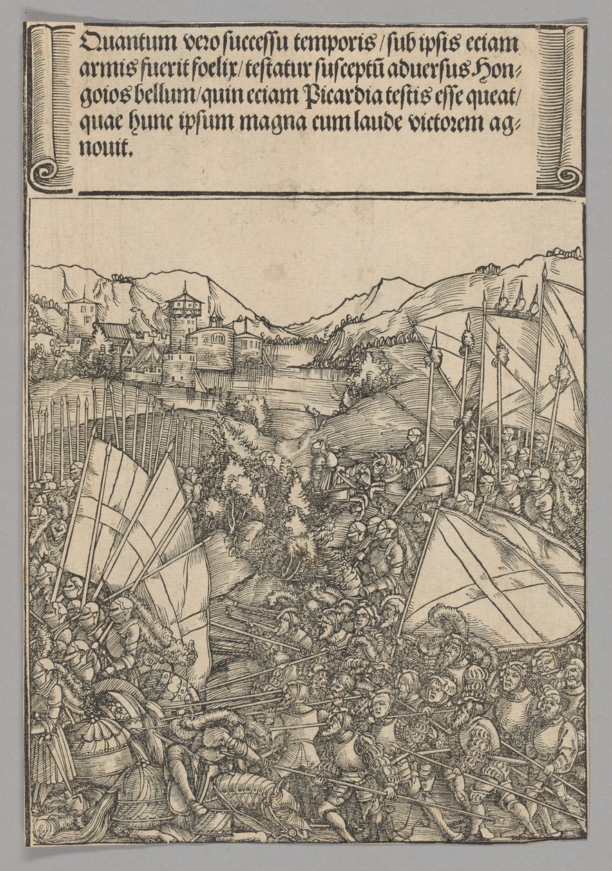 Slag bij Henegouwen, plaat 3 uit Historische Scènes uit het Leven van Keizer Maximiliaan I van de Triomfboog door Hans Springinklee