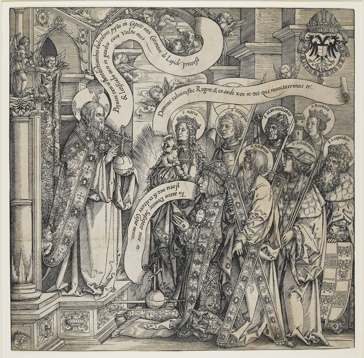 Maximiliaan gepresenteerd door zijn beschermheiligen aan de Almachtige, 1519 door Hans Springinklee