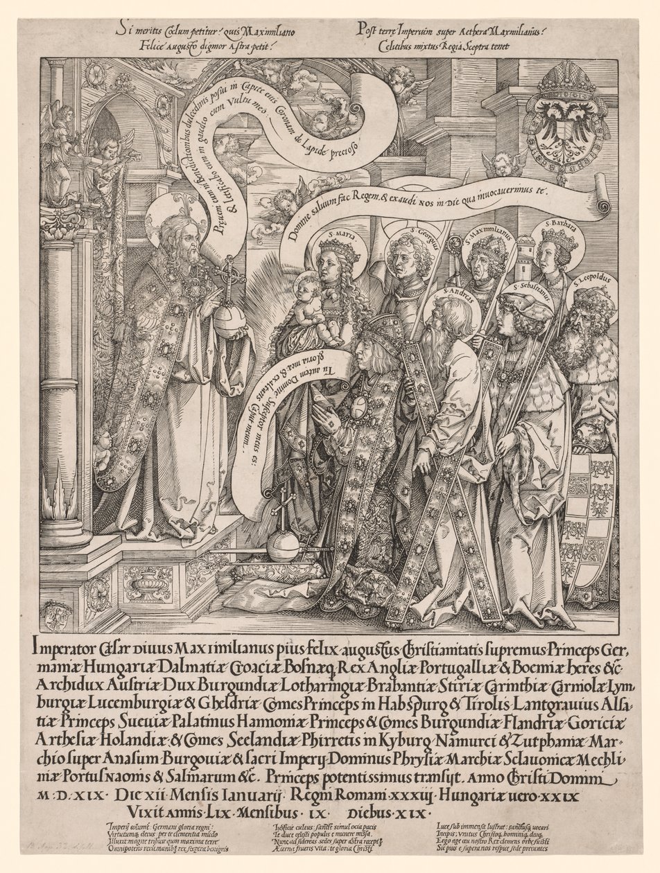 De Keizer Maximiliaan Gepresenteerd door Zijn Beschermheiligen aan de Almachtige door Hans Springinklee