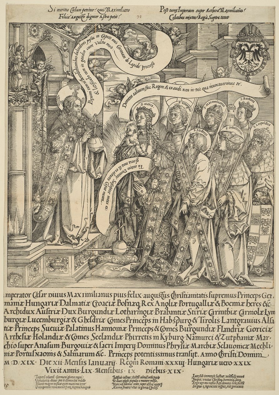 De Keizer Maximiliaan Gepresenteerd aan Christus door Zijn Beschermheiligen door Hans Springinklee