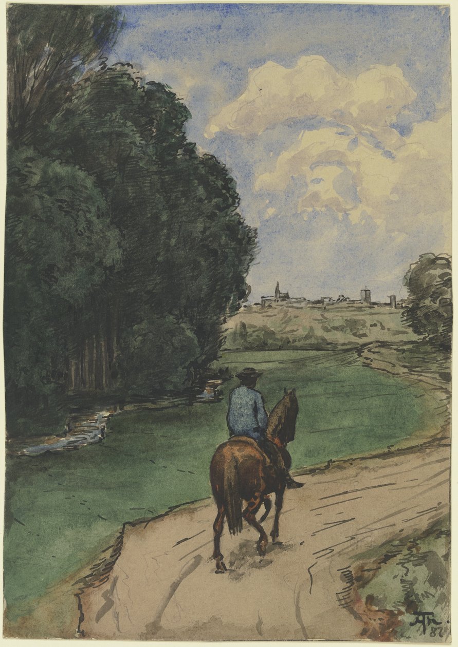Aan de rand van het bos. Ruiter op een pad, naar de kijker toe door Hans Thoma