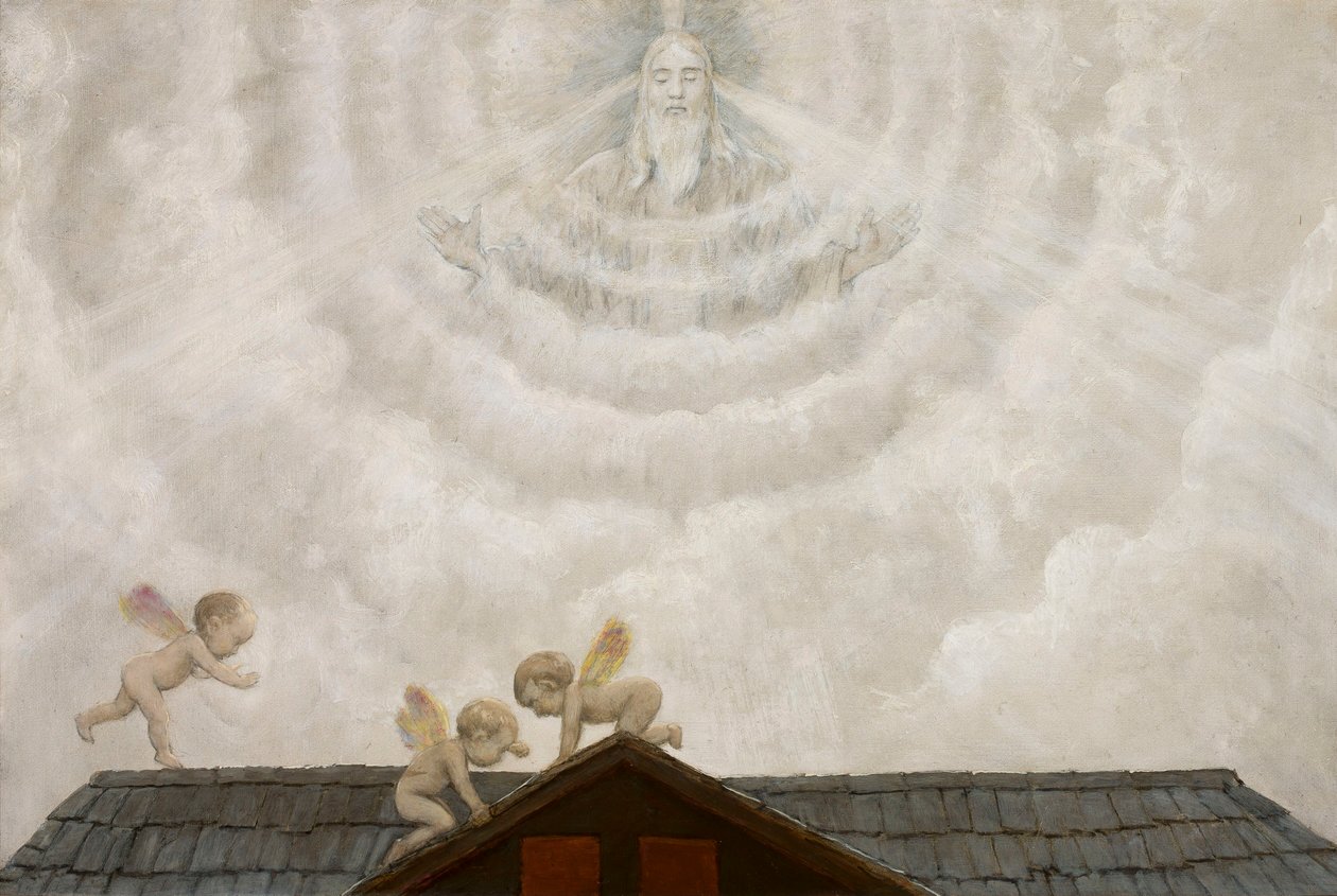 God de Vader boven de kribbe door Hans Thoma