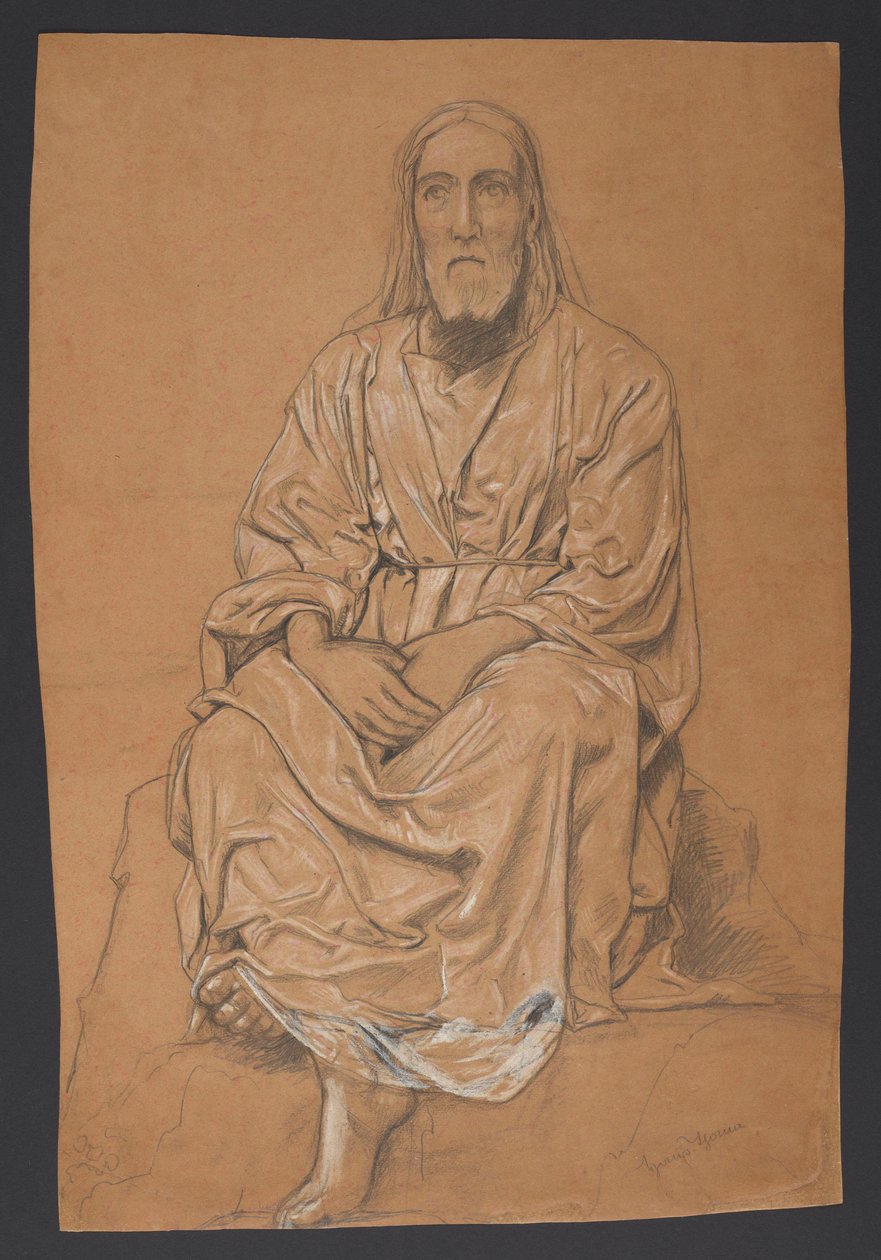 Christus, afgebeeld in zittende houding, en face door Hans Thoma