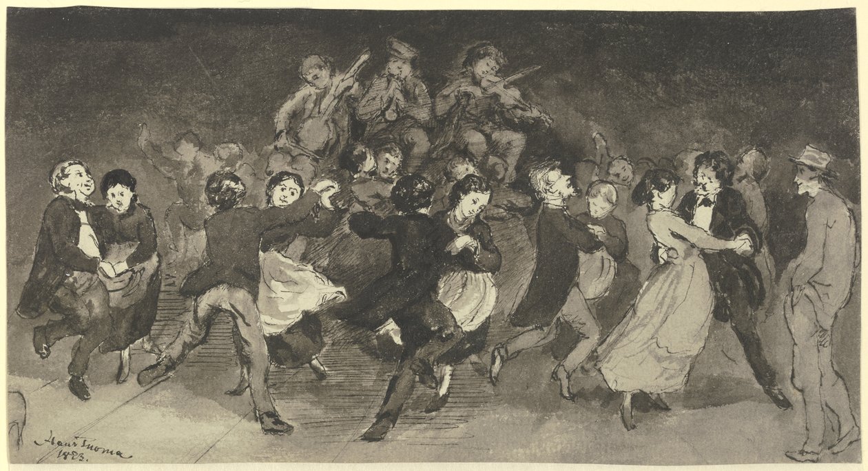 Dansende stellen in een herberg door Hans Thoma