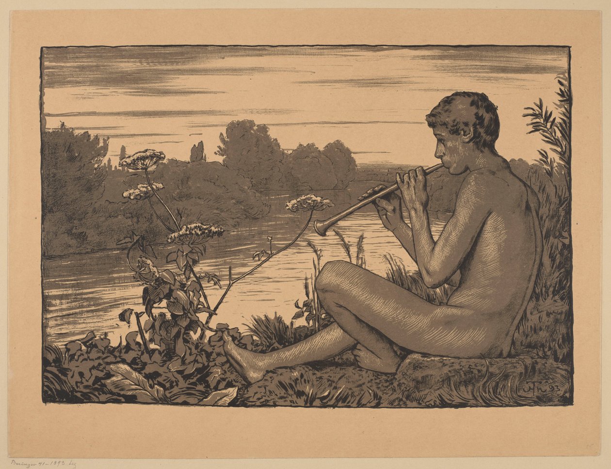 Een faun die fluit speelt door Hans Thoma