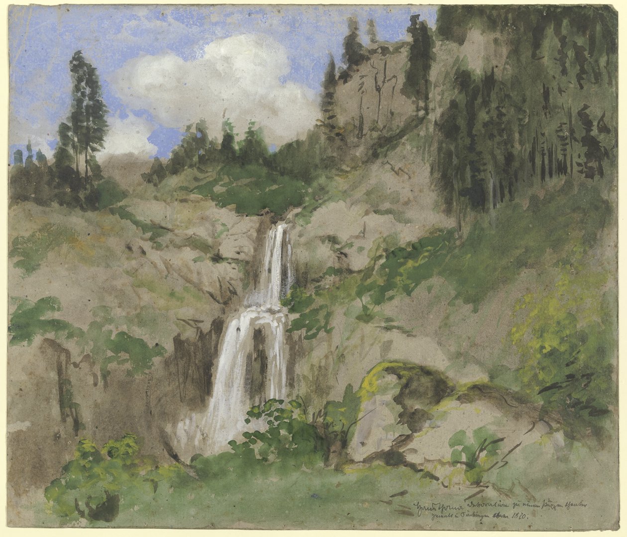 Landschap met waterval (decor voor een poppentheater) door Hans Thoma