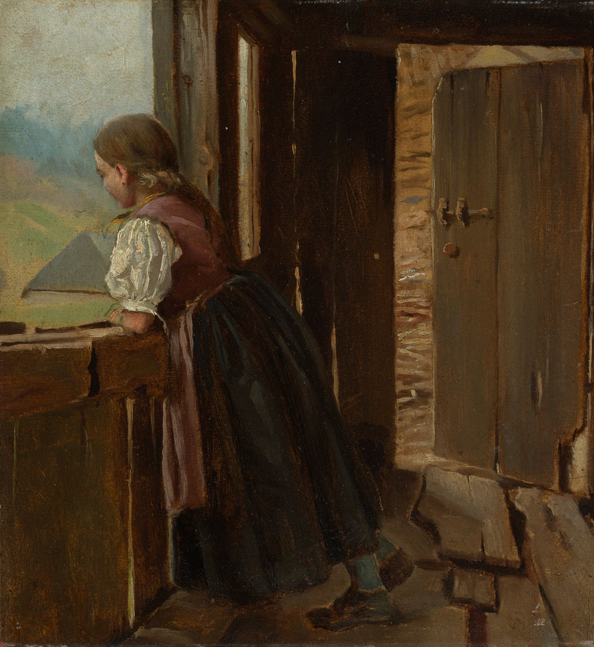Meisje op het prieel van een boerderij door Hans Thoma