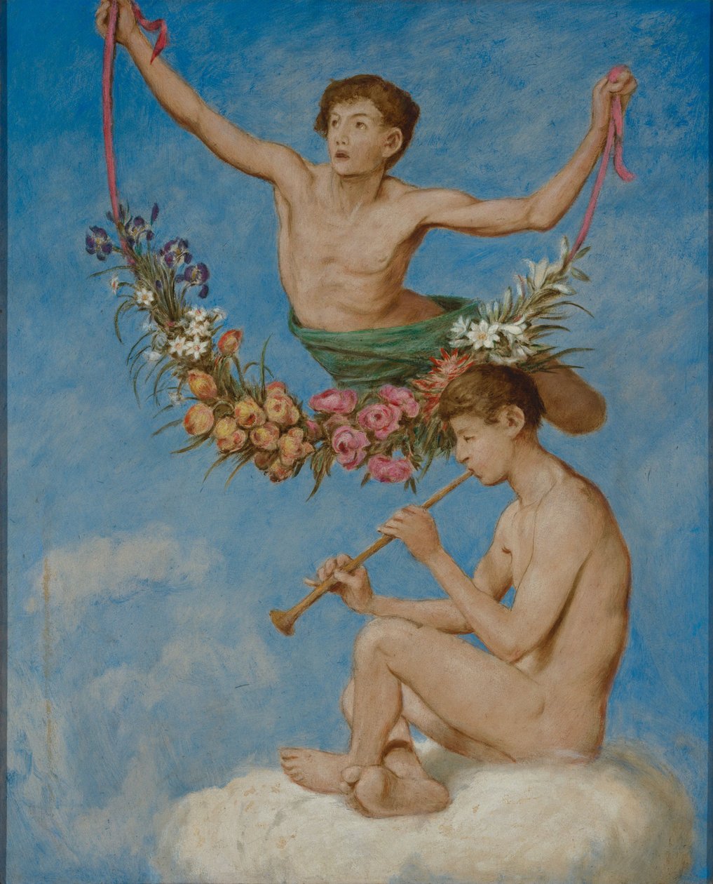 Mei (twee jonge genieën met bloemen) door Hans Thoma